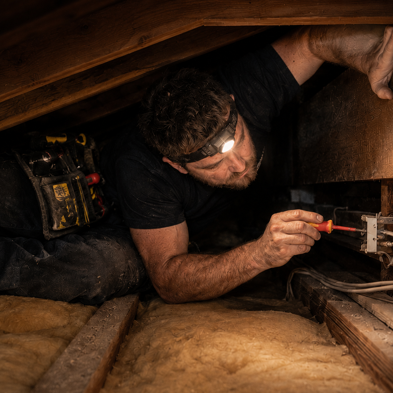 Electrician working in roof cavity with headlamp — too busy on the tools to answer the phone
